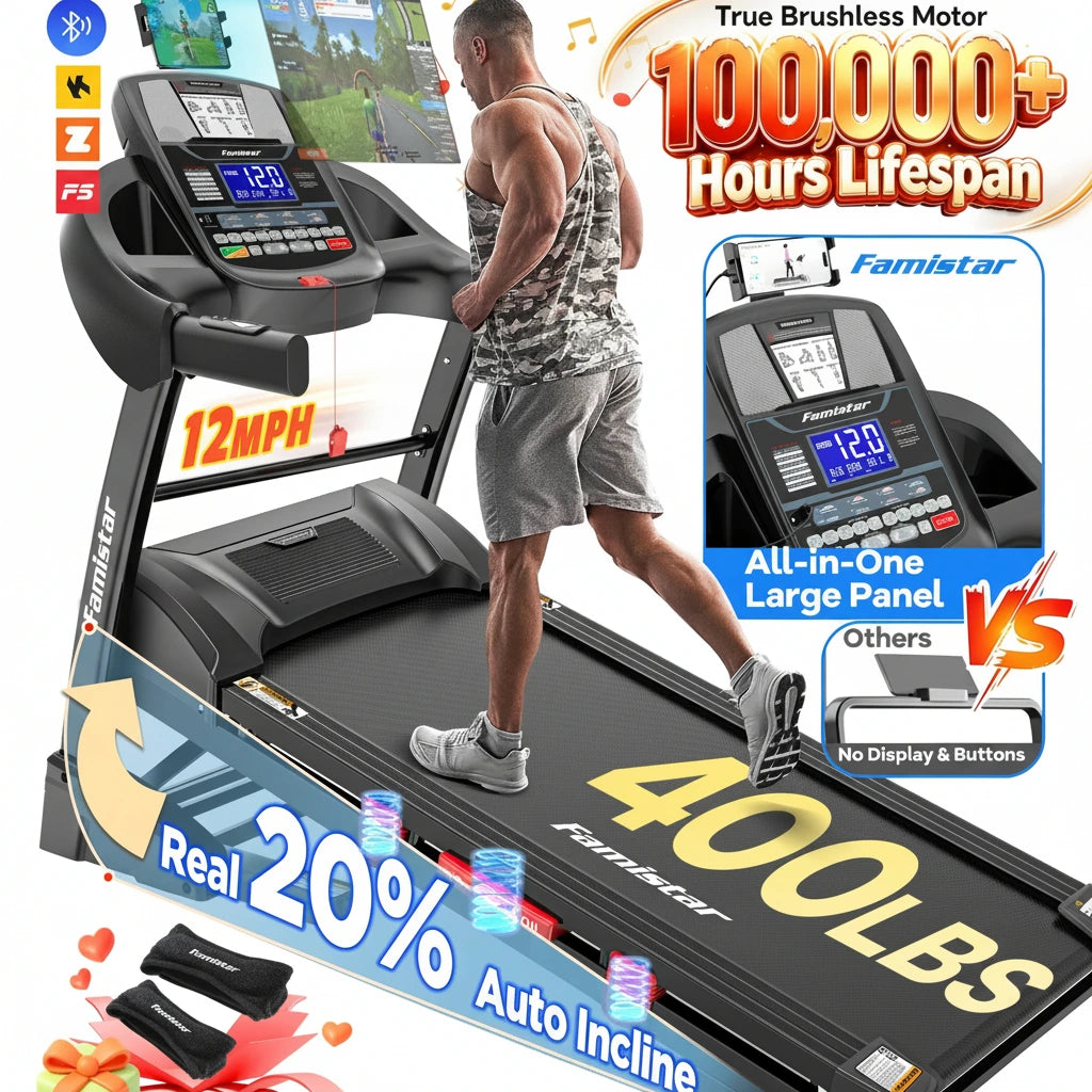 12MPH Folding Treadmill with 20% Auto Incline, 300-400 LB Capacity, Treadmills for Home Running Walking, 5.1HP Brushless Motor, Foldable Electric Treadmill Running Machine with APP & Bluetooth — product view 2