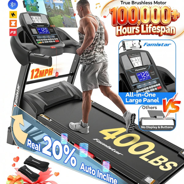 Famistar Folding Treadmill 12MPH 20% Auto Incline