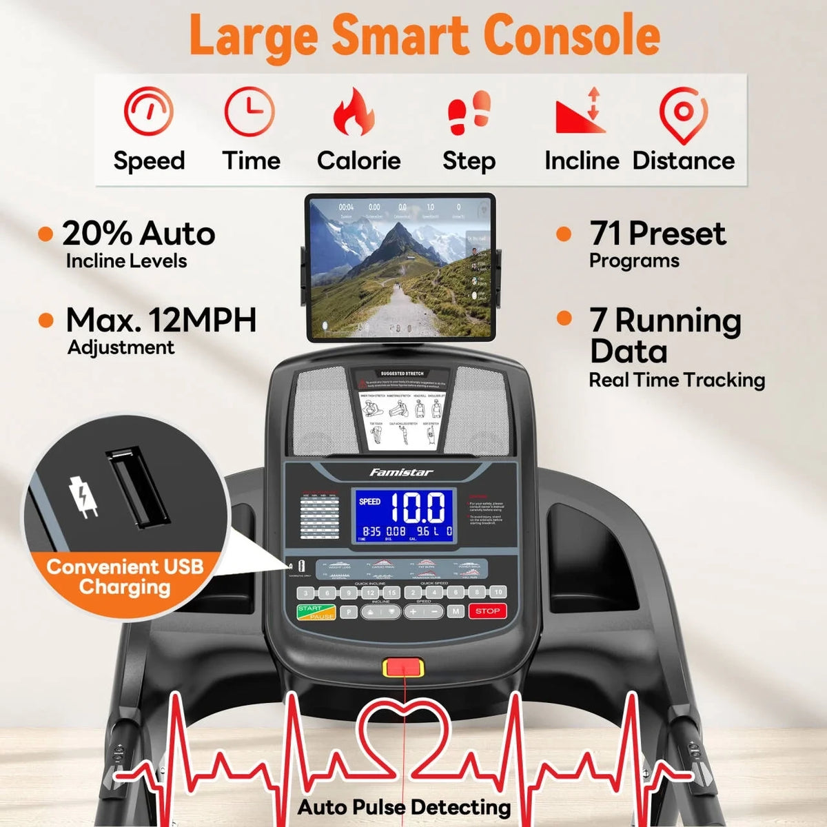 12MPH Folding Treadmill with 20% Auto Incline, 300-400 LB Capacity, Treadmills for Home Running Walking, 5.1HP Brushless Motor, Foldable Electric Treadmill Running Machine with APP & Bluetooth — product view 9