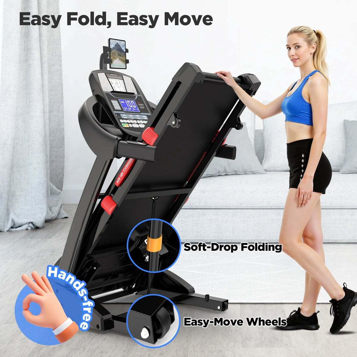 4.5HP Folding Treadmill for Home with 15 Auto Incline, Smart APP, 300Lbs, Hifi Bluetooth Speakers, 64 Programs, 10MPH Speed, Foldable Eletreadmill Running Machine, Knee Strap Gift — product view 3