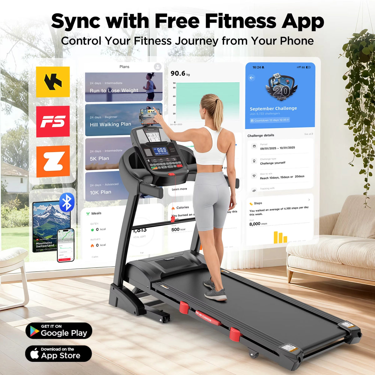 4.5HP Folding Treadmill for Home with 15 Auto Incline, Smart APP, 300Lbs, Hifi Bluetooth Speakers, 64 Programs, 10MPH Speed, Foldable Eletreadmill Running Machine, Knee Strap Gift — product view 6