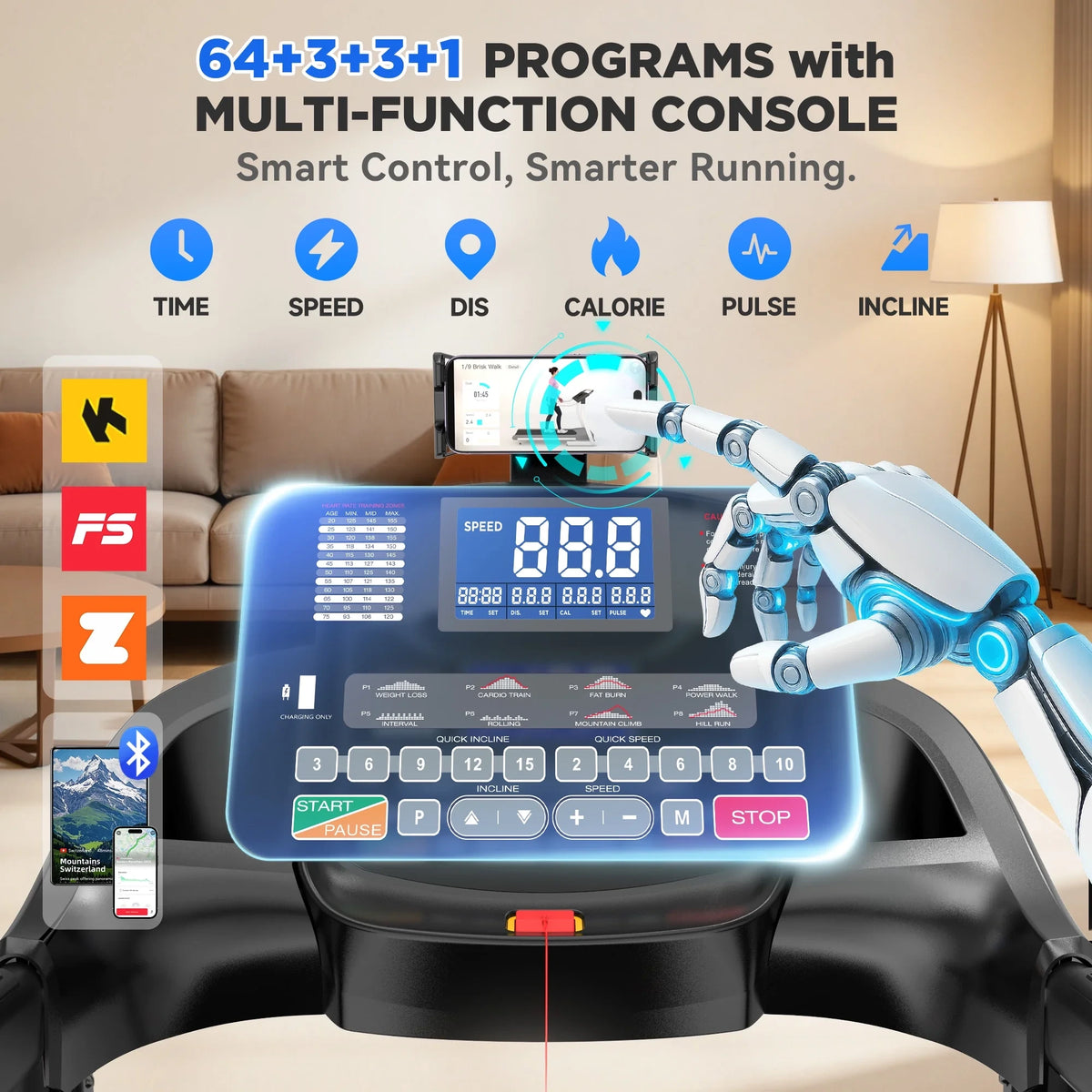 4.5HP Folding Treadmill for Home with 15 Auto Incline, Smart APP, 300Lbs, Hifi Bluetooth Speakers, 64 Programs, 10MPH Speed, Foldable Eletreadmill Running Machine, Knee Strap Gift — product view 7