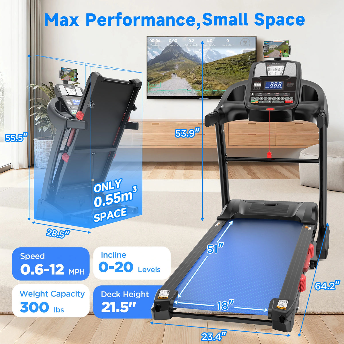 4.5HP Folding Treadmill for Home with 15 Auto Incline, Smart APP, 300Lbs, Hifi Bluetooth Speakers, 64 Programs, 10MPH Speed, Foldable Eletreadmill Running Machine, Knee Strap Gift — product view 9