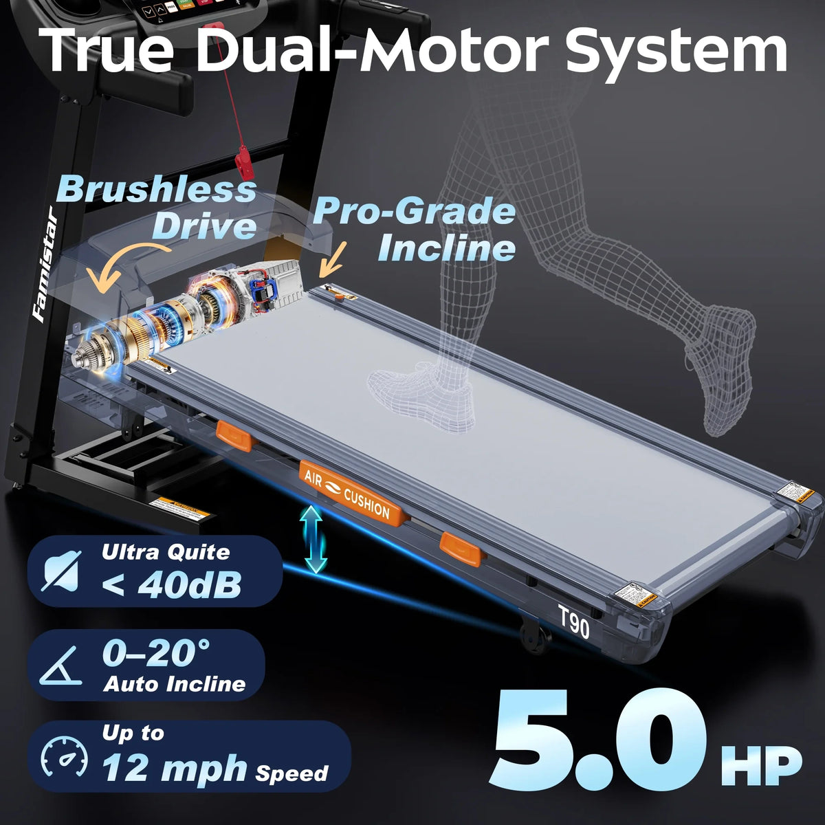 5.0 HP Folding Treadmill with 20-Level Adjustable Incline, 12Mph Speed Running Machine,Treadmill 400 Lb Capacity, Silent Brushless Motor,105 Preset Training Program Electric Treadmills for Home Use — product view 4
