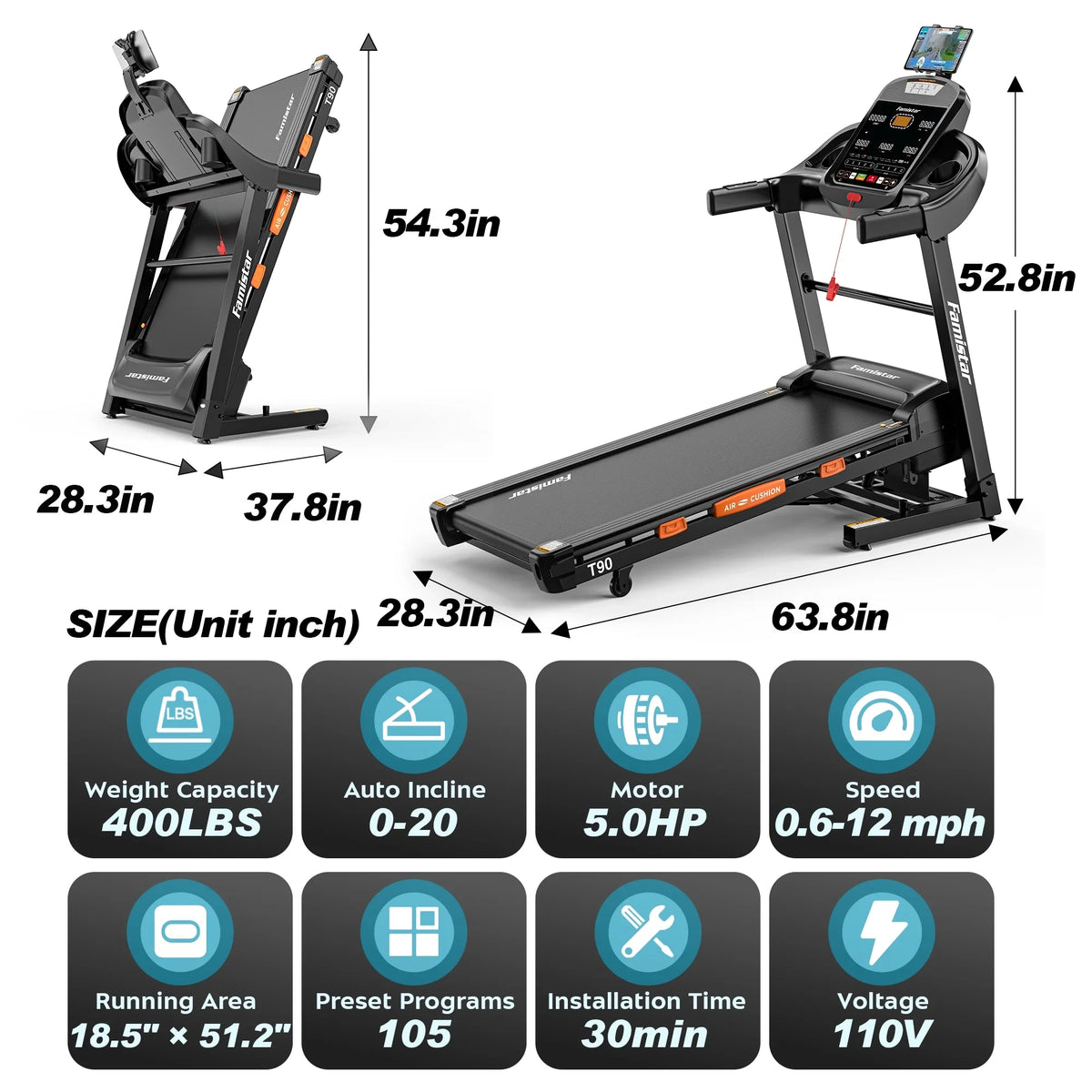 5.0 HP Folding Treadmill with 20-Level Adjustable Incline, 12Mph Speed Running Machine,Treadmill 400 Lb Capacity, Silent Brushless Motor,105 Preset Training Program Electric Treadmills for Home Use — product view 6